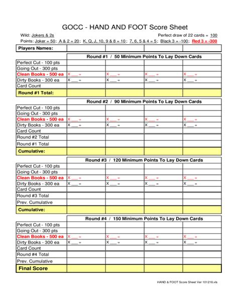 printable hand and foot card game score sheet
